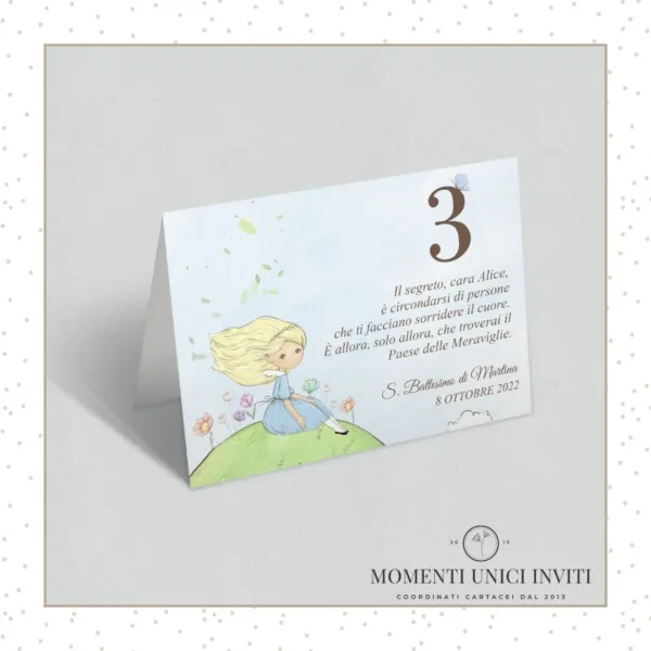 Segnatavolo Alice Paese Meraviglie momenti unici inviti alice grafica segnatavolo 13x18