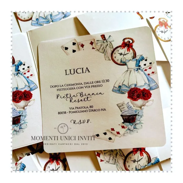 partecipazione alice nel paese delle meraviglie momenti unici inviti - alice in wonderland