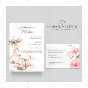 partecipazione battesimo prima comunione bimba con cestino di fiori acquerello momenti unici inviti - vicky