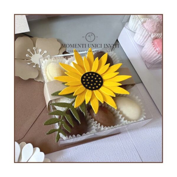 momenti unici inviti - box degustazione 9 confetti su pirottino con girasole