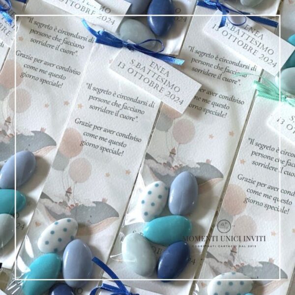 momenti unici inviti segnalibro battesimo 5 confetti + nastro e tag