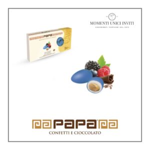 Scatola Confetti Papa DolceAmaro CioccoBerries. Confetto di mandorla tostata ricoperta di cioccolato bianco ai frutti di bosco