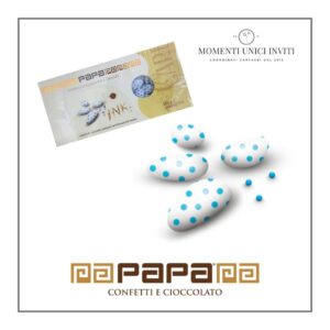 scatola confetti papa dolceamaro ink pois celesti momenti unici inviti