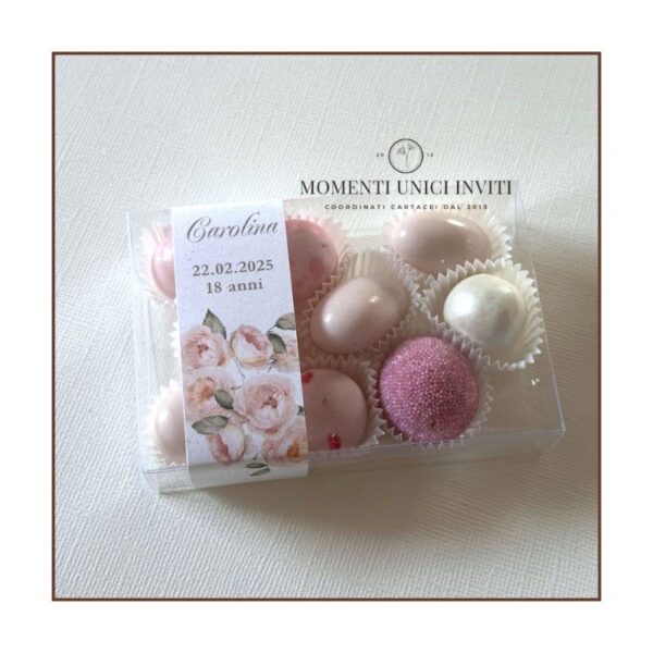 momenti unici inviti - box degustazione 9 confetti su pirottino 18 anni lei