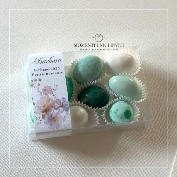 momenti unici inviti box degustazione 9 confetti ton. verde pensionamento