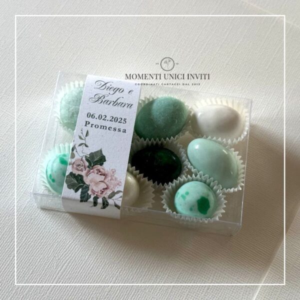 momenti unici inviti box degustazione 9 confetti ton. verde promessa matrimonio