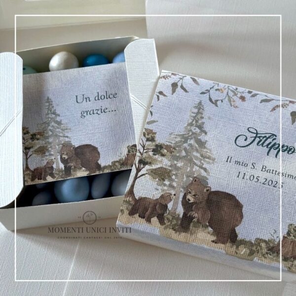 momenti unici inviti box degustazione confetti battesimo e prima comunione foresta degli animali