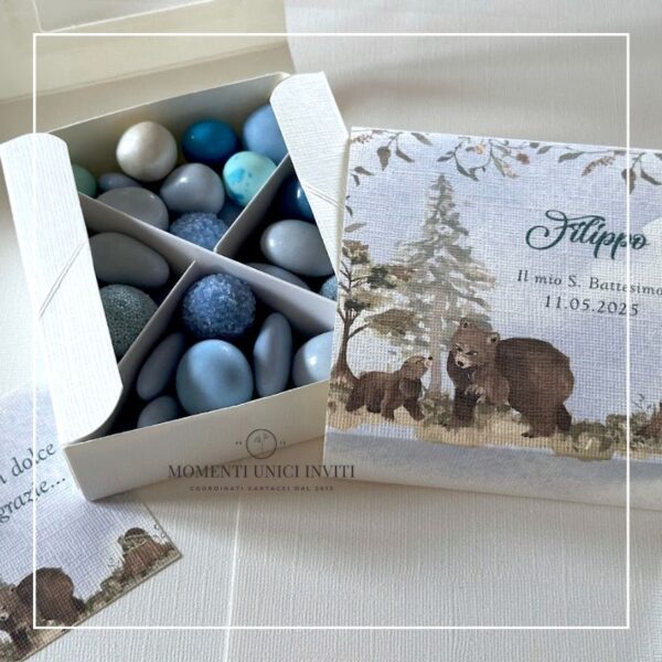 momenti unici inviti box degustazione confetti battesimo e prima comunione foresta degli animali