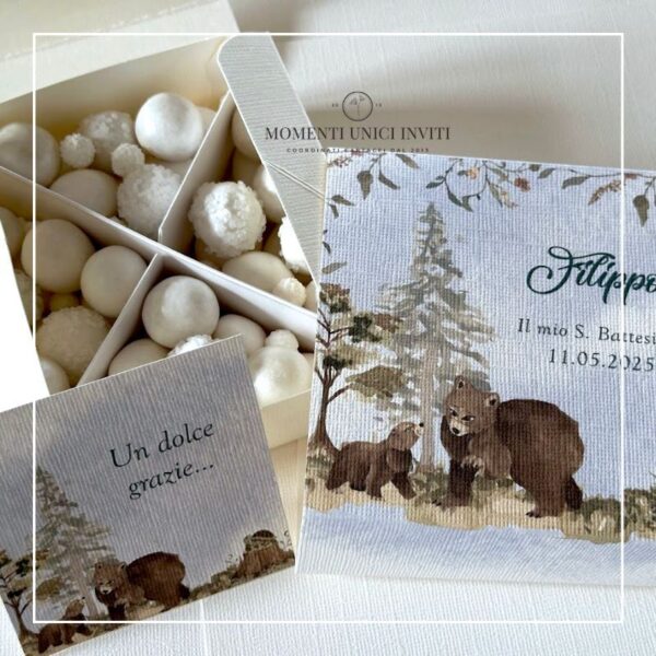 momenti unici inviti box degustazione confetti battesimo e prima comunione foresta degli animali