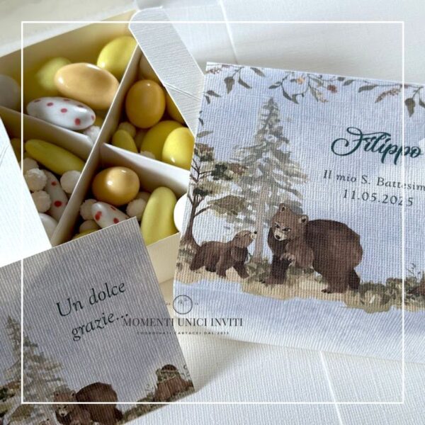 momenti unici inviti box degustazione confetti battesimo e prima comunione foresta degli animali