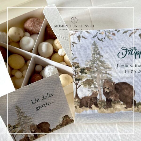 momenti unici inviti box degustazione confetti battesimo e prima comunione foresta degli animali