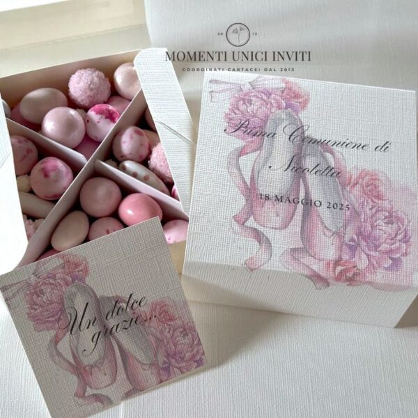 momenti unici inviti box degustazione confetti prima comunione e cresima tema danza classica lago dei cigni
