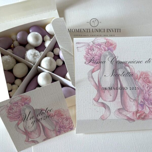 momenti unici inviti box degustazione confetti prima comunione e cresima tema danza classica lago dei cigni