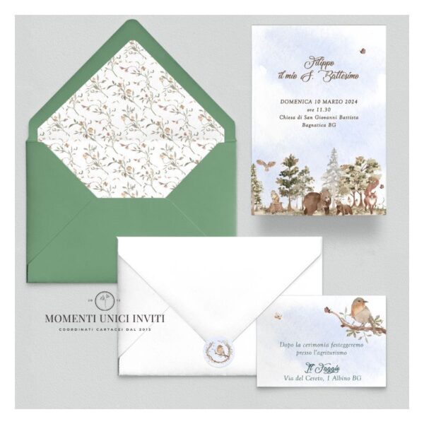 momenti unici inviti suite partecipazioni 5 pezzi linea grafica bimbi foresta degli animali