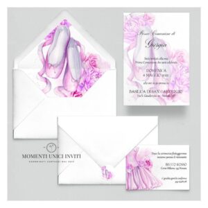 momenti unici inviti suite partecipazioni 5 pezzi linea grafica bimbi tema danza lago dei cigni
