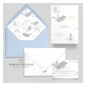 momenti unici inviti suite partecipazioni 5 pezzi linea grafica bimbi tema mare mondo marino
