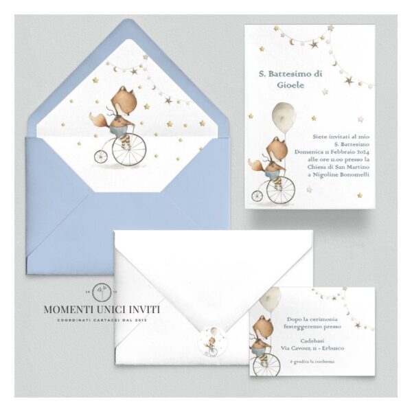 momenti unici inviti suite partecipazioni 5 pezzi linea grafica bimbi volpina