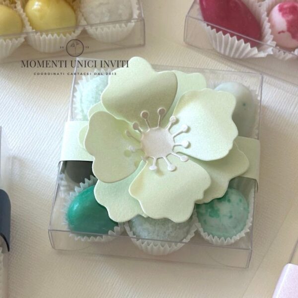 momenti unici inviti - box degustazione confetti con fiore verde