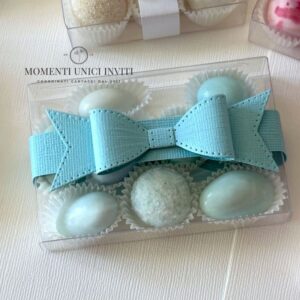 momenti unici inviti - box degustazione confetti fiocco acquamarina nozze di perle