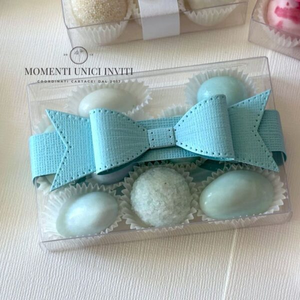 momenti unici inviti - box degustazione confetti fiocco acquamarina nozze di perle