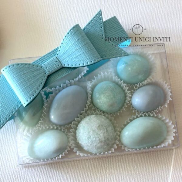 momenti unici inviti - box degustazione confetti fiocco acquamarina nozze di perle