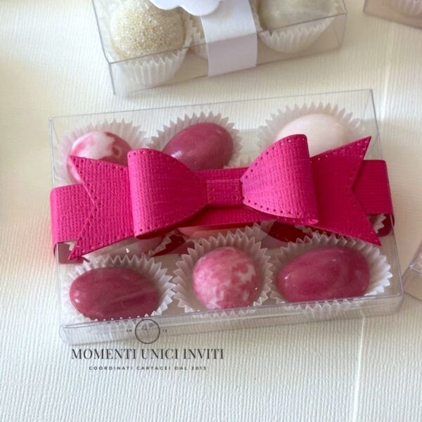 momenti unici inviti - box degustazione confetti fiocco fucsia nozze di seta
