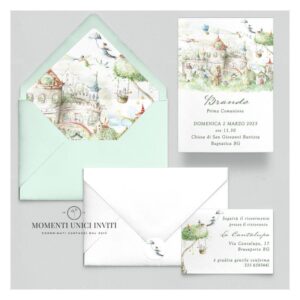 momenti unici inviti suite partecipazioni 5 pezzi linea grafica bimbi mondi fantastici