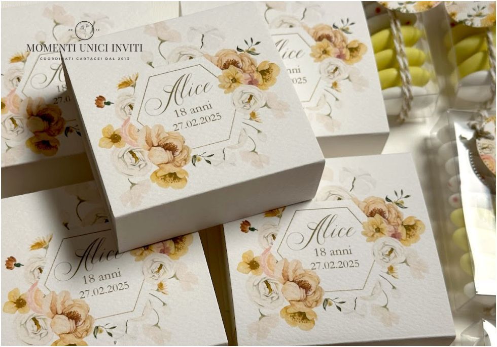 momenti unici inviti box degustazione 18esimo compleanno confetti gialli