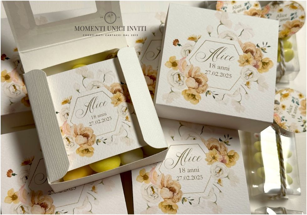 momenti unici inviti box degustazione 18esimo compleanno confetti gialli
